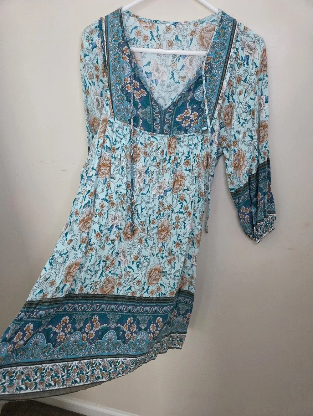 Women's Teal Floral Print 3/4 Sleeve Boho Dress Sz Small